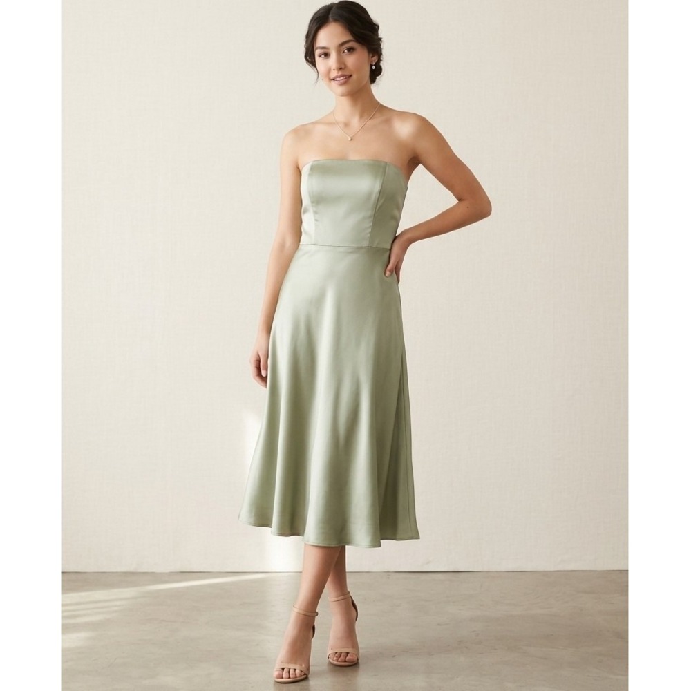 Ann Taylor 8 Seafoam Green 100% Silk Strapless Midi Dress Cocktail Formal